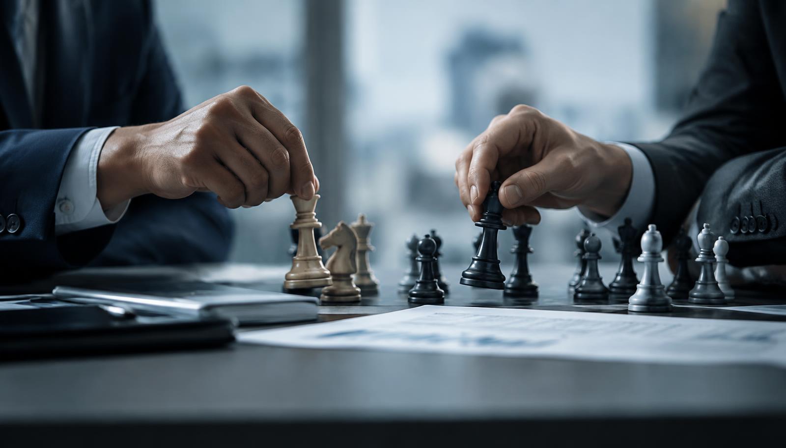 Two business people moving chess pieces over documents